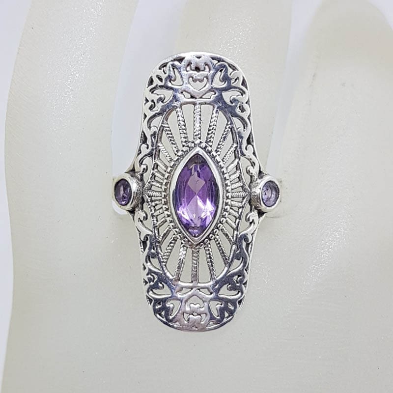 Sterling Silver Large Ornate Filigree Elongated Setting Amethyst Ring