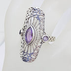 Sterling Silver Large Ornate Filigree Elongated Setting Amethyst Ring