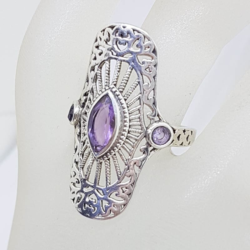 Sterling Silver Large Ornate Filigree Elongated Setting Amethyst Ring