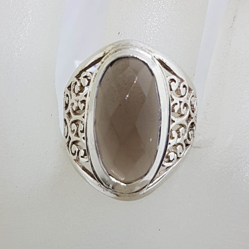Sterling Silver Oval Smokey Quartz with Ornate Filigree Setting Wide Ring