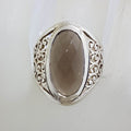 Sterling Silver Oval Smokey Quartz with Ornate Filigree Setting Wide Ring