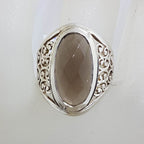 Sterling Silver Oval Smokey Quartz with Ornate Filigree Setting Wide Ring
