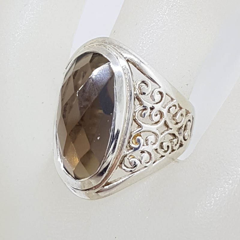 Sterling Silver Oval Smokey Quartz with Ornate Filigree Setting Wide Ring