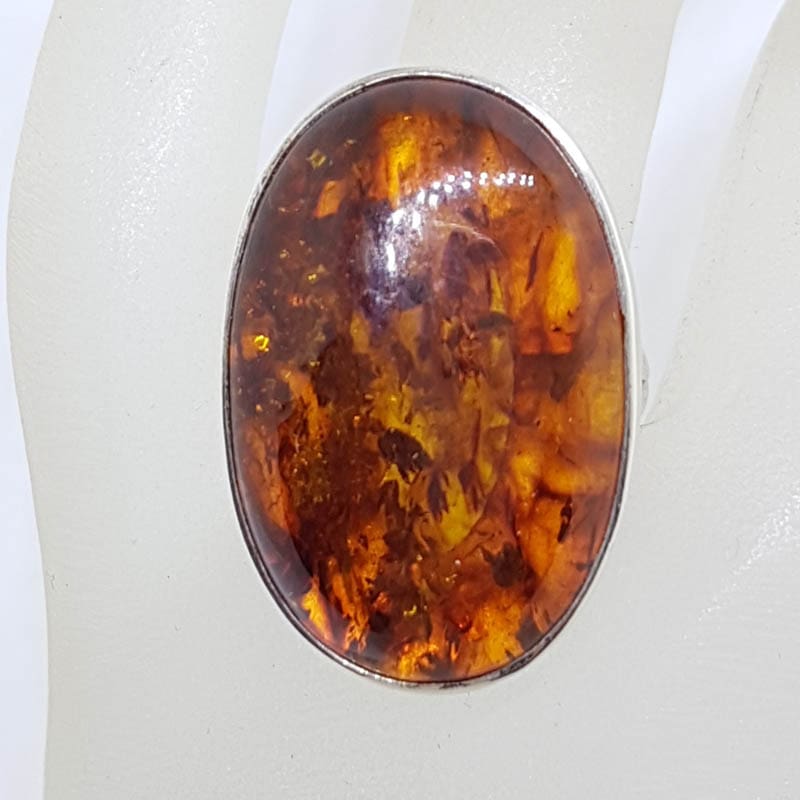 Sterling Silver Large Oval Bezel Set Amber Ring