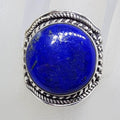 Sterling Silver Bezel Set Large Round Lapis Lazuli with Ornate Patterned Design Ring