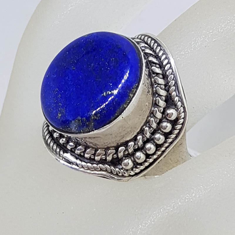 Sterling Silver Bezel Set Large Round Lapis Lazuli with Ornate Patterned Design Ring