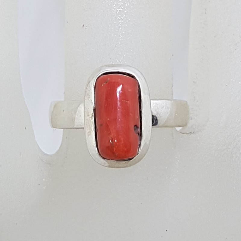 Sterling Silver Bezel Set Rectangular Coral Ring