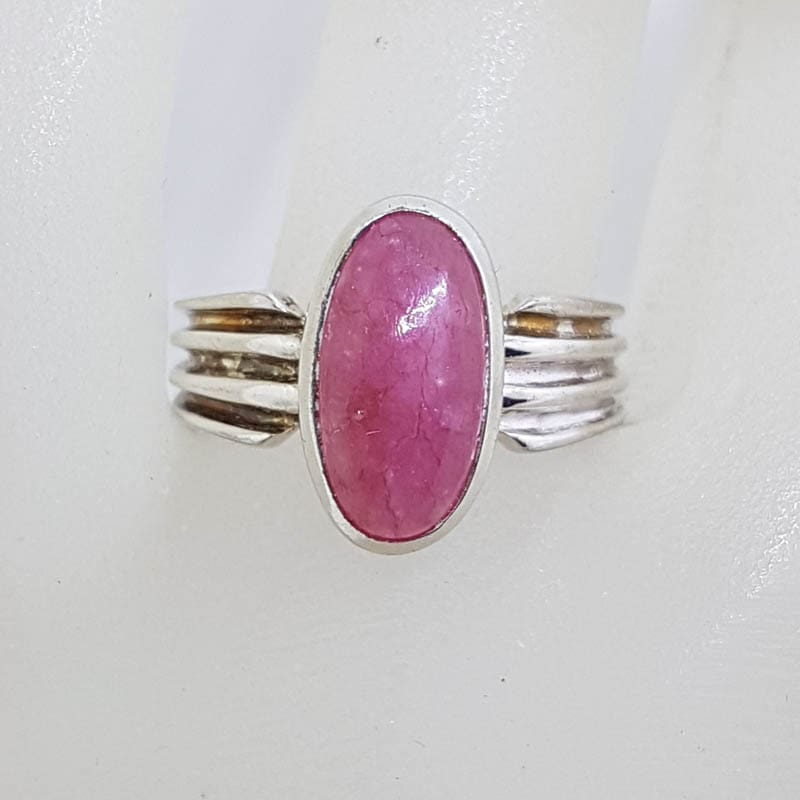 Sterling Silver Bezel Set Oval Strawberry Quartz with Line Design on Sides Ring