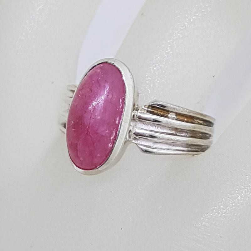 Sterling Silver Bezel Set Oval Strawberry Quartz with Line Design on Sides Ring