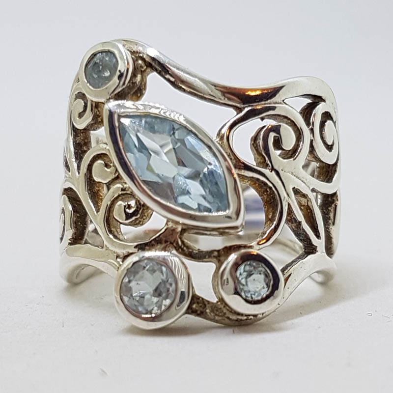 Sterling Silver Very Wide and Ornate Filigree Topaz Wave Shape Ring - Stunning