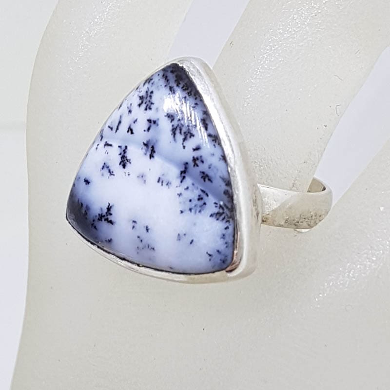 Sterling Silver Large Triangular Dendritic Agate Bezel Set Ring