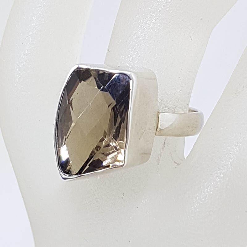 Sterling Silver Large Unusual Shaped Bezel Set Smokey Quartz Ring