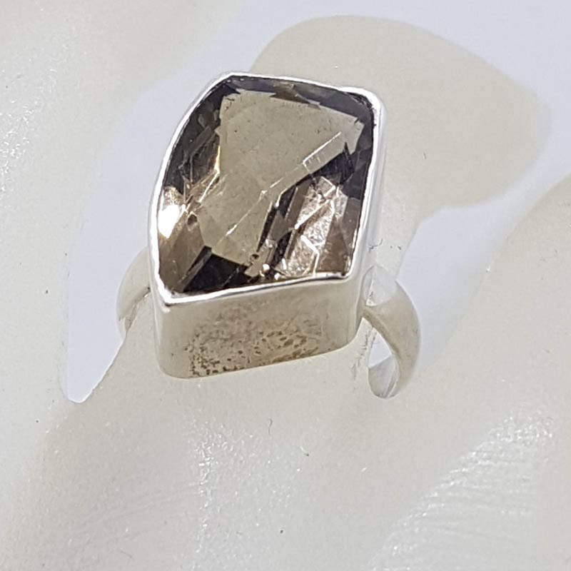 Sterling Silver Large Unusual Shaped Bezel Set Smokey Quartz Ring
