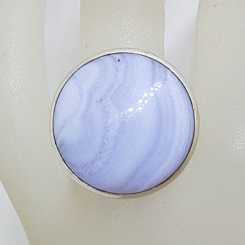 Sterling Silver Large Round Bezel Set Blue Lace Agate Ring