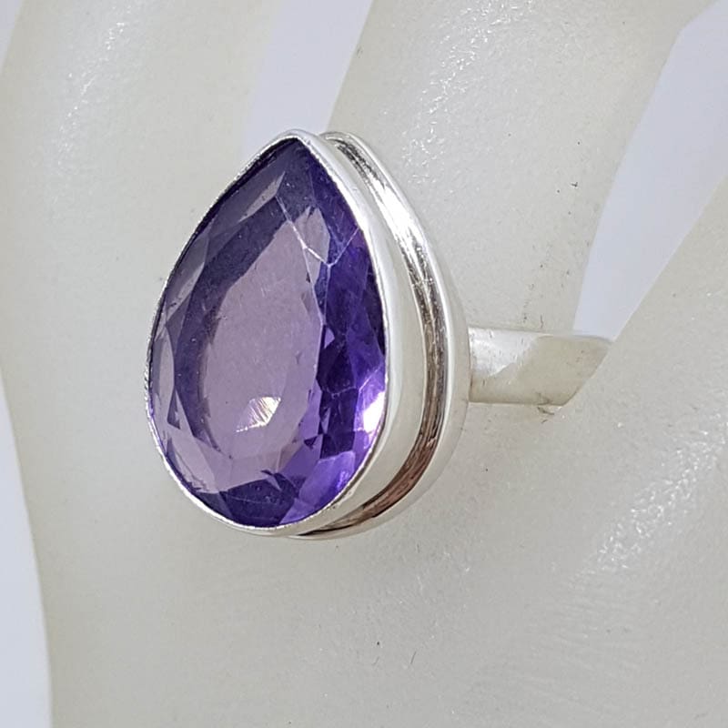 Sterling Silver Large Bezel Set Teardrop / Pear Shape Amethyst Ring