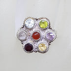 Sterling Silver Multi-Colour Gemstone Round Chakra Cluster Ring - Topaz, Peridot, Amethyst, Carnelian, Onyx, Citrine and Moonstone