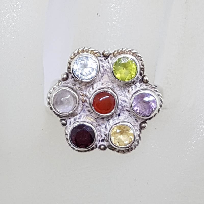 Sterling Silver Multi-Colour Gemstone Round Chakra Cluster Ring - Topaz, Peridot, Amethyst, Carnelian, Onyx, Citrine and Moonstone