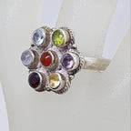 Sterling Silver Multi-Colour Gemstone Round Chakra Cluster Ring - Topaz, Peridot, Amethyst, Carnelian, Onyx, Citrine and Moonstone