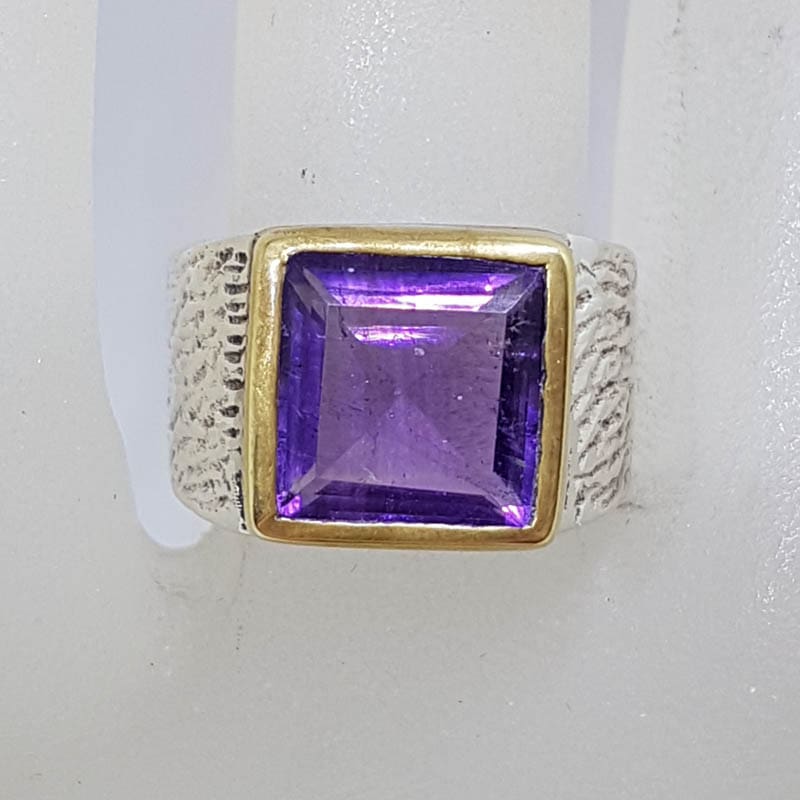 Sterling Silver and Plated Heavy / Chunky Bezel Set Square Amethyst Ring - Gents Ring / Ladies Ring