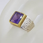 Sterling Silver and Plated Heavy / Chunky Bezel Set Square Amethyst Ring - Gents Ring / Ladies Ring