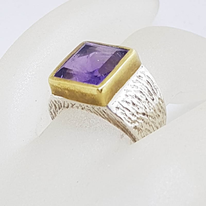 Sterling Silver and Plated Heavy / Chunky Bezel Set Square Amethyst Ring - Gents Ring / Ladies Ring