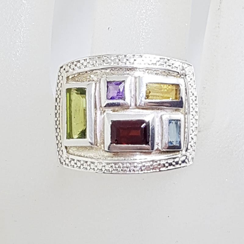 Sterling Silver Multi-Colour Gemstone Rectangular Cluster Ring - Amethyst, Peridot, Garnet, Citrine and Topaz