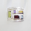Sterling Silver Multi-Colour Gemstone Rectangular Cluster Ring - Amethyst, Peridot, Garnet, Citrine and Topaz
