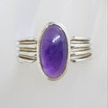 Sterling Silver Cabochon Cut Amethyst with Line Design along Side Ring