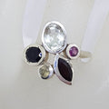Sterling Silver Multi-Colour Gemstones Unusual Cluster Ring with Onyx, Citrine, Rhodolite Garnet and Green Amethyst / Prasiolite