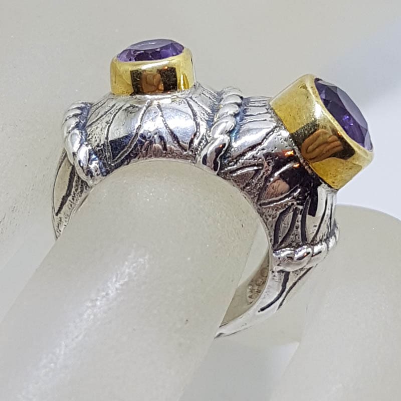 Sterling Silver and Plated Heavy / Chunky Bezel Set Two Amethyst Ring