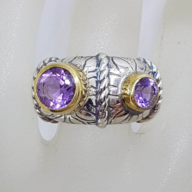 Sterling Silver and Plated Heavy / Chunky Bezel Set Two Amethyst Ring