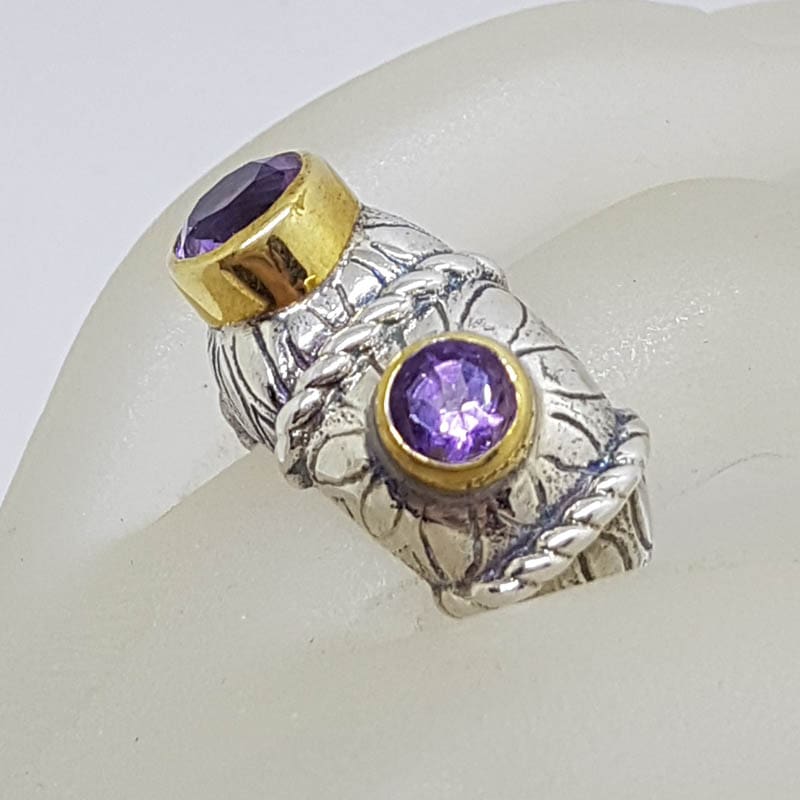 Sterling Silver and Plated Heavy / Chunky Bezel Set Two Amethyst Ring