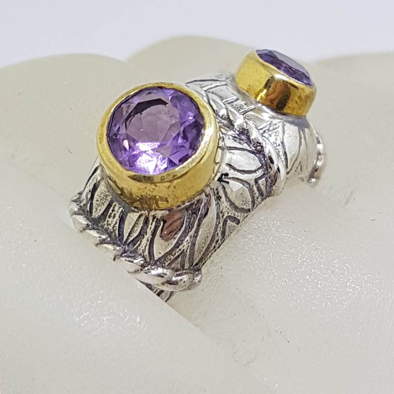 Sterling Silver and Plated Heavy / Chunky Bezel Set Two Amethyst Ring