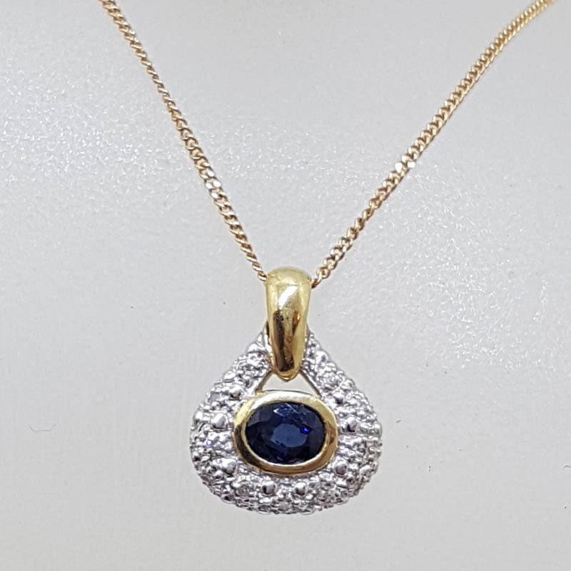 9ct Yellow Gold Natural Sapphire &amp; Diamond Oval Cluster Pendant on Gold Chain