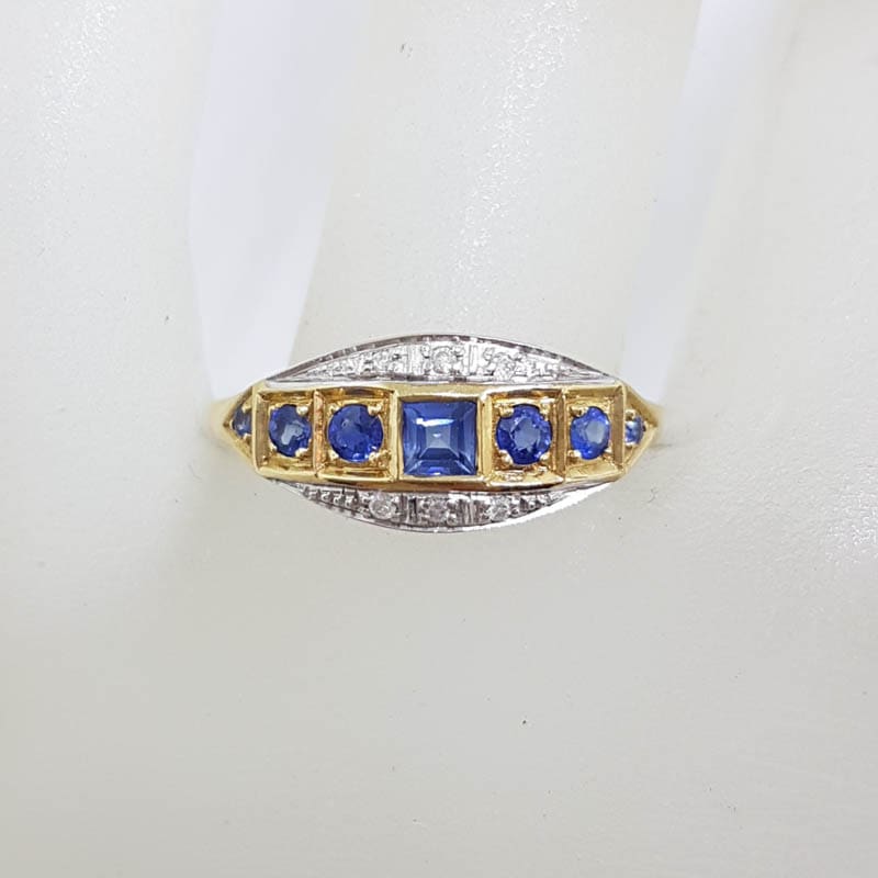 9ct Yellow Gold Ring Square and Round Natural Blue Sapphires &amp; Diamonds - Art Deco Style Bridge Setting