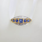 9ct Yellow Gold Ring Square and Round Natural Blue Sapphires &amp; Diamonds - Art Deco Style Bridge Setting