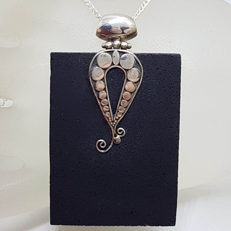 Sterling Silver Large Rectangular Black Wood with Ornate Design Pendant on Silver Chain