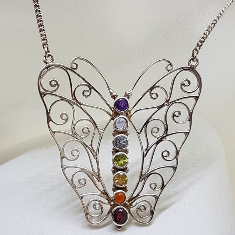 Sterling Silver Large Chakra Butterfly Ornate Filigree Necklace / Chain with Multi-Coloured Natural Gemstones