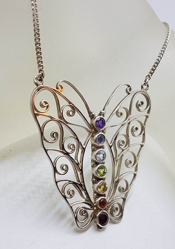 Sterling Silver Large Chakra Butterfly Ornate Filigree Necklace / Chain with Multi-Coloured Natural Gemstones
