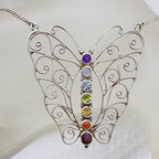 Sterling Silver Large Chakra Butterfly Ornate Filigree Necklace / Chain with Multi-Coloured Natural Gemstones