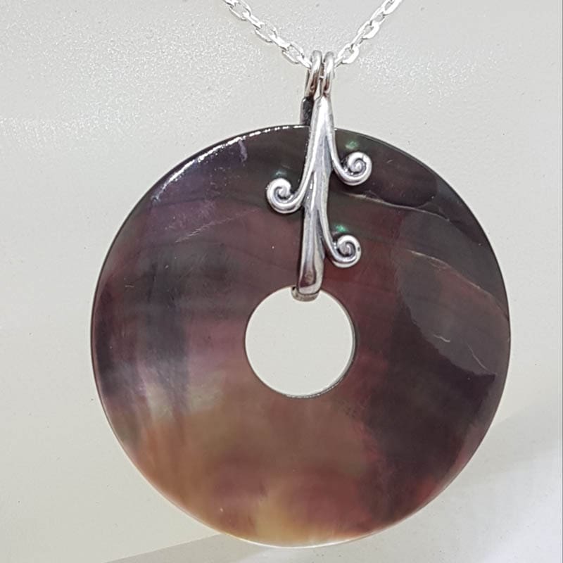 Sterling Silver Large Round Mother of Pearl Disc with Ornate Design Pendant on Silver Chain