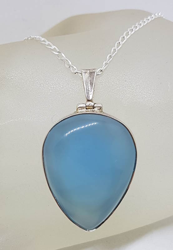 Sterling Silver Chalcedony Teardrop / Pear Shape Bezel Set Pendant on Silver Chain