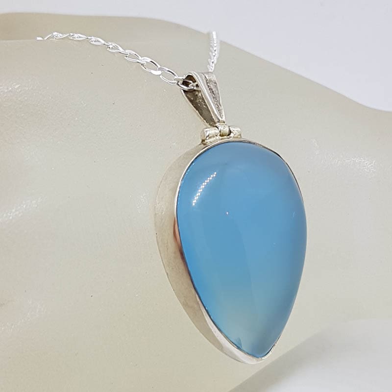 Sterling Silver Chalcedony Teardrop / Pear Shape Bezel Set Pendant on Silver Chain