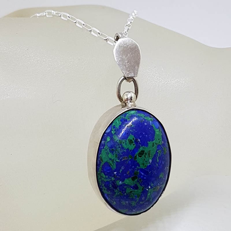Sterling Silver Azurite Malachite Oval Bezel Set Pendant on Silver Chain
