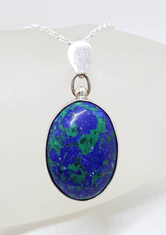 Sterling Silver Azurite Malachite Oval Bezel Set Pendant on Silver Chain
