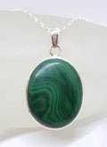Sterling Silver Malachite Large Oval Bezel Set Pendant on Silver Chain