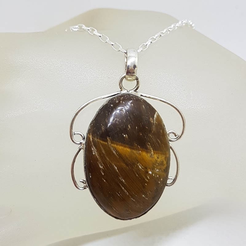 Sterling Silver Tiger Eye Large Oval Bezel Set Ornate Twist Pendant on Silver Chain