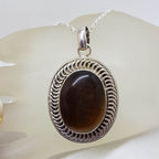 Sterling Silver Tiger Eye Large Oval Bezel Set Ornate Patterned Rim Pendant on Silver Chain
