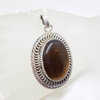Sterling Silver Tiger Eye Large Oval Bezel Set Ornate Patterned Rim Pendant on Silver Chain