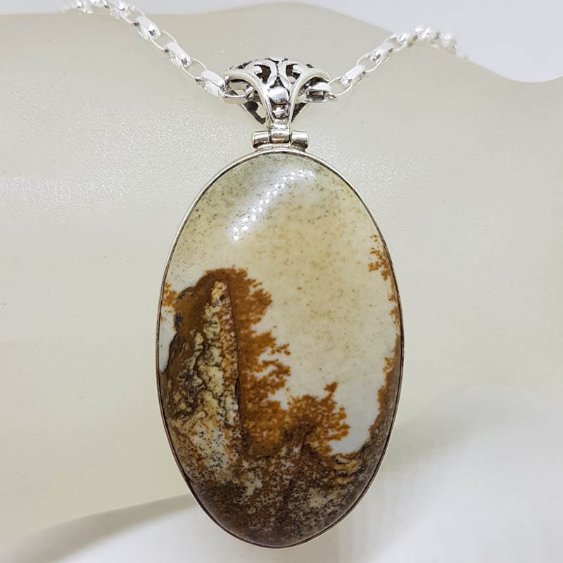 Sterling Silver Landscape Jasper Large Oval Bezel Set Pendant on Silver Chain